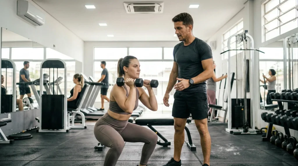 Personal trainer dando sua aula com a aluna que conseguiu pois sua estrutura visual está profissional.